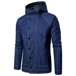 Chaqueta vaquera para hombre, diseño con capucha, chaqueta vaquera informal, abrigo para hombre, ropa de calle, cortavientos, negro, azul 307q