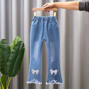 Jeans Jeans Childrens and Dames jeans dubbele gebogen Pearl Glitter Pants Spring en Autumn Long Pants Childrens Casual Pants 4-10Y Fashionable Girl Jeans WX5.27