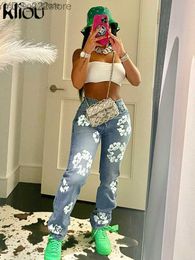 Jeans Jeans Kliou coton fleur imprimé jean taille haute tout Match maigre Denim Streetwear pantalon femme Hipster vêtements Q230904 240304