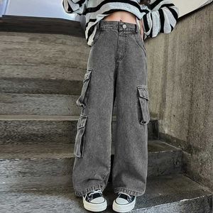 Jeans jeans adolescents filles larges cargo jambes jeans 2024 Automne Fashion Childrens Casual Denim Pantal