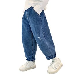 Jeans Kids Jongens jeans blauwe elastische taille denim broek 5 6 7 8 9 10 11 12 13 14 jaar oude kinderkleding losse casual jongens broek 230306