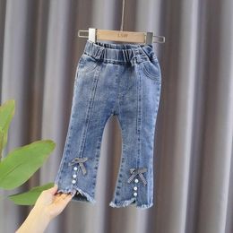 Jeans Kids Fashion Trousers Boot Cut Baby Flared Pants Blue Jeans Bell Bottoms Bowknot Beading Macrame Denim Pants Toddler Girl Jeans 230512