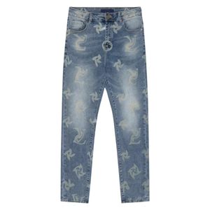 Jeans longueur genou ajustement serré tube droit moto mode haut de gamme qualité bleu clair eau sol imprimé jeans jeans de créateur Les hommes et les femmes peuvent le porter