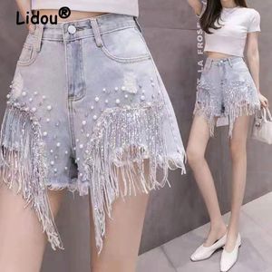 Jeans Moda coreana High Street TASSEL Denim Shorts Mujer Sexy 2022 Verano Nuevo Slim Cintura alta Diamante Tachonado Rebordear Lentejuelas Jeans