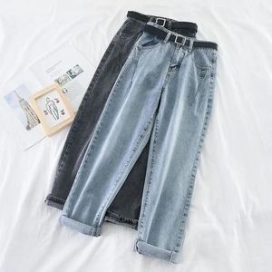 Jeans Coréen taille haute jean femmes sarouel décontracté grande taille haute rue Denim Pantalon Femme Vintage avec ceinture B90