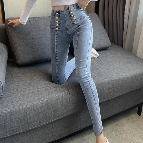 Jeans Style coréen jean slim pour femmes mode Double boutonnage Design pantalon femme été élastique taille haute lavé crayon pantalon