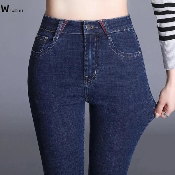 Jeans coréen élégant denim élastique Leggings mode Stretch slim jean femmes basique taille haute bleu crayon jean bouton de lavage