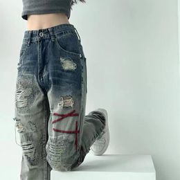 Jeans Letnie nowe damskie jeansy zgrywanie worksowate spodnie z szerokimi nogawkami vintage y2k myte harajuku hiphopowy sweter kobiece sp