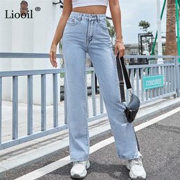 Jeans Liooil fente latérale maman jean taille haute lavé avec poche Denim pantalon Baggy jambe droite jean décontracté pour Streetwear femmes