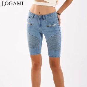 Jeans Logami Moto Biker Denim Pants Mujeres Elstic Jeans Skinny Woman Zipper Jeans Slim Light Blue