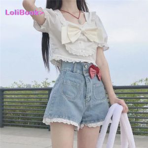 Jeans Lolibook Kawaii doux jean femmes été 2021 bleu décontracté Lolita pantalon à jambes larges dentelle haute rue joli Style coréen vêtements