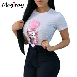 Jeans Magiray Parfum Sexy T-shirt Vrouwen 2021 Zomer Haruku Koreaanse Grappige Lovertjes Kralen Tee Shirt Vrouwelijke Unieke Witte tops C123