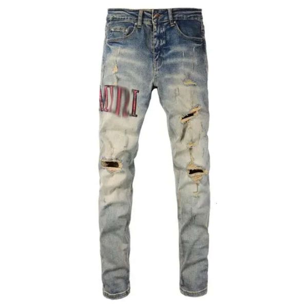 Jeans Hombres Agujero Azul Claro Gris Oscuro Italia Marca Hombre Pantalones Largos Pantalones Streetwear Denim Flaco Slim Straight Biker Jean Para Calidad Superior 714