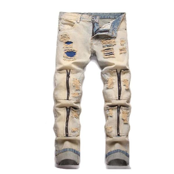 Calças de brim masculinas jean homme streetwear rasgado denim calças muitos multi-bolso para homem casual sólido motociclista qualidade magro ajuste 28-38345p