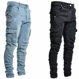 Jeans Men Pants W Solid Color Multi Pockets Denim Cargo Mid Wisting Jeans Fahsi Fahsi pantalones casuales Male Daily Wear x1ls#
