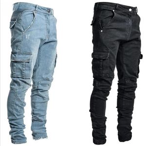 Jeans hommes pantalons lavage couleur unie Multi poches Denim taille moyenne Cargo Jeans grande taille mode pantalon décontracté mâle usage quotidien 240311