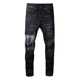 Jeans Hommes Imprimé Regular Slim Fit Biker Noir Pantalon Denim Homme Jean Pantalon Décontracté Grande Taille 28-40