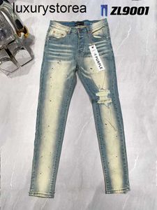 jeans heren Paarse jeans dames broek paars ksubi jeans High Street Paars Retro Paint Spot Slim Feet Micro-elastische jeans Hiphop Ritsgat