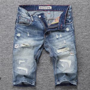 Jeans hommes Style italien mode hommes rétro bleu broderie détruit déchiré Denim Shorts patchs concepteur Hip Hop court
