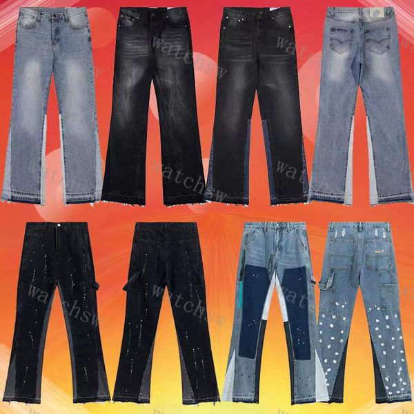 Jeans concepteur de jeans pour hommes patchwork applique vintage jeans masculin et femmes high spec splash lavage micro-évasé pantalon décontracté