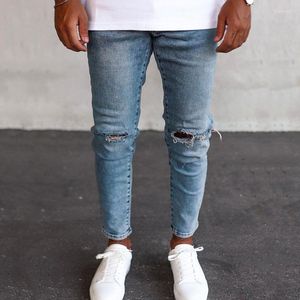 Jeans pour les genoux pour hommes pantalon pantalon à glissière décontractée 2023 Vêtements bleu clair printemps pour l'homme