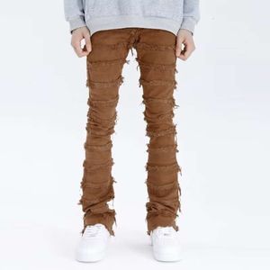 Jeans Men's Mens Retro Patchwork Pantalon évasé Grunge Wild Empiled Ripped Long pantalon droit Y2K Baggy lavé Faded for Men L o e