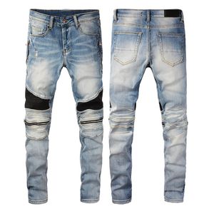 Jeans Uomo Slim Fit Patchwork in pelle 11 Pantaloni biker in denim di alta qualità Pantaloni Hip Hop da uomo in moto blu per taglia maschile 28-40