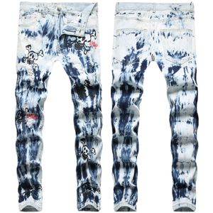 Jeans Men Slim Fit Tie Dye gescheurd rechte motorrijder denim broek grote size motocycle hiphop broek voor mannen voor mannelijk