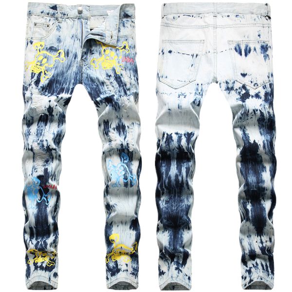 Jeans hommes coupe ajustée cravate colorant déchiré droit Biker Denim pantalon bleu clair moto hommes Hip Hop pantalon pour homme