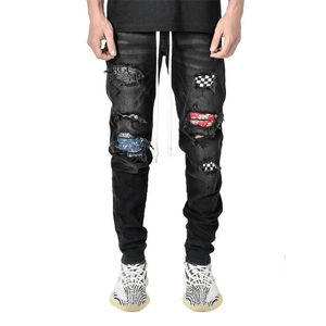 Jeans mannen vintage kleding hiphop streetwear noodlijdende zwart wit gecontroleerd medium print effect casual high fashion jean broek x0621