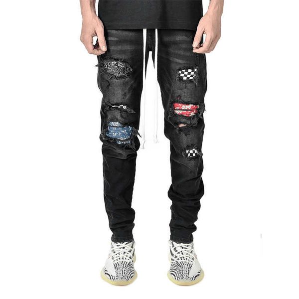 Jeans Hommes Vintage Vêtements Hiphop Streetwear Distressed Noir Blanc À Carreaux Moyen Effet D'impression Casual Haute Couture Jean Pantalon X0621