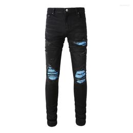 Jeans heren zwart streetwear noodlijdende skinny hoge stretch tie-dye blauwe bandana patchwork vernietigd slim fit