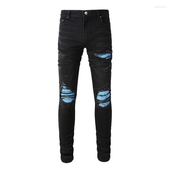 Jean homme noir Streetwear en détresse maigre haute Stretch cravate colorant bleu Bandana Patchwork détruit coupe ajustée