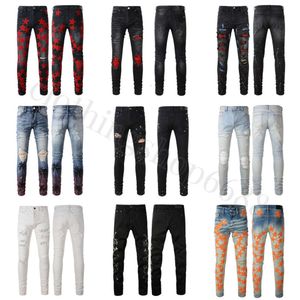 Jeans Heren Designer Skinny Jeans Heren Jeans Zwarte broek Rip Denim Biker Man Grijs Distress Slim Fit Stretch Motorcycle Bone Halloween Straight Spray Ripped Red Patches