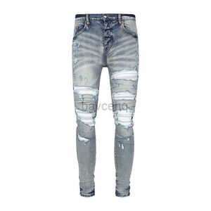 Jeans Hommes en détresse jean maigre mode hommes Moto longue hors coton pieds minces haute rue Denim bleu clair pâte tissu trou 30-40 pantalon Hip Hop 240308