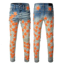 Jeans Hommes Pour Les Gars Rip Slim Fit Skinny Homme Pantalon Orange Star Patchs Portant Biker Denim Stretch Cult Moto Tendance Droit Hip Hop Avec Trou Bleu.SML