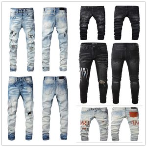 Jeans Hommes hip-hop high street marque de mode jeans rétro déchiré pli couture designer moto équitation pantalon slim taille 28 ~ 40