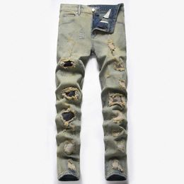 Jeans heren nostalgische gescheurde patchstof verontruste mid-taille mid shot high street-stijl lange broek nieuw