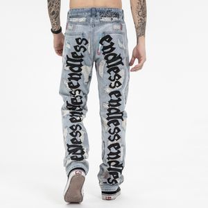 Jeans heren broek fgg trendy Europese en Amerikaanse high street light blauwe rechte jeans gat patches mode brief broek slanke elastische leggings