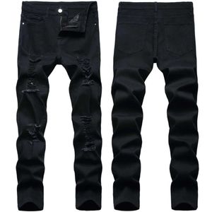 Jeans hommes rétro noir pantalon Stretch trou déchiré coupe ajustée haute qualité mode décontracté Denim pantalon 192 2