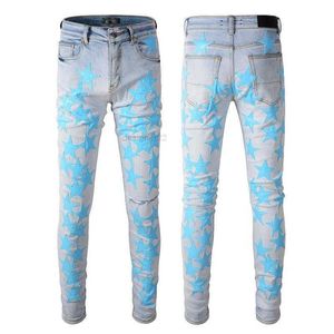 Jeans hombre rasgado hombres pantalones diseñador flaco gris denim ciclista pintura de pintura pantalón para el hombre delgado ajuste elgado de la motocicleta estrella bordado de hueso de hueso de la pierna recta