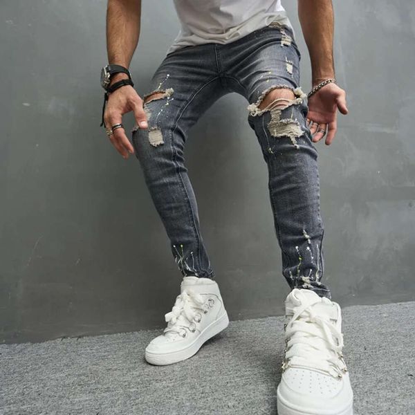 Jeans hommes maigre Fashional décontracté Slim Biker Denim pantalon genou trou Hiphop déchiré lavé en détresse 154