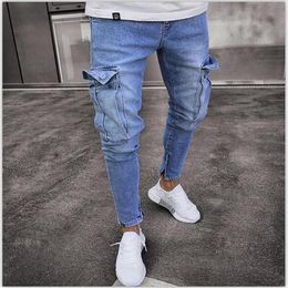 Jeans Multi Pocket Mannen Ripped Skinny Vernietigde Verzwakte Slim Fit Denim Broek Casual Gat Rits Nostalgische Blauwe Broek 865