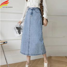 Jeans NIEUW 2021 Zomer Long Denim Rok Vrouwen Koreaanse mode Hoge taille A Line Slit Rok Blue Beige Color Jeans -rokken Jupe en Jean