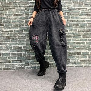 Jeans Nouveau 2022 Printemps Arts Style Femmes Taille Élastique Lâche Vintage Noir Jeans Patch Conception Imprimé Coton Denim Sarouel V920