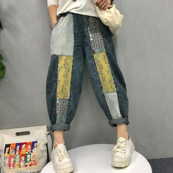 Jeans Nouveau arrivée 2023 Spring Arts Style Femmes Élastique TAILLE VINTAGE LOBE JEANS PATCHWORM PRINT COST COSTON COTTON DENIM HAREM PANTS C758