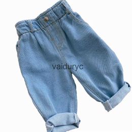 Jeans Nieuwe jeans Baby Girls Boys Pants Hoge Taille Solid Color Outside Children's Trousers Autumn Winter Fashion Kids Cowboy Jeans 2024 H240508