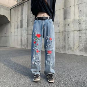 Jeans nouvelle lettre Rose broderie jean Y2k années 90 décontracté ample jambe large Harajuku femmes pantalon vieux Vintage Couple Style pantalon