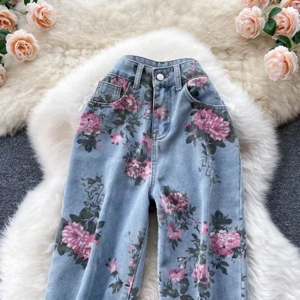 Jeans Rosa nuevo estampado de flores, Vaqueros azules para mujer, pantalones vaqueros largos rectos, pantalones elegantes de verano y otoño para mujer, vaqueros de pierna ancha holgados Y2k