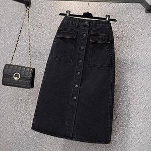 Jeans Oversized Vrouwen Zwarte Denim Rokken Herfst Nieuwe Hoge Taille Single Breasted Aline Dames Rokken Elegante Slit Midi Jean Rokken